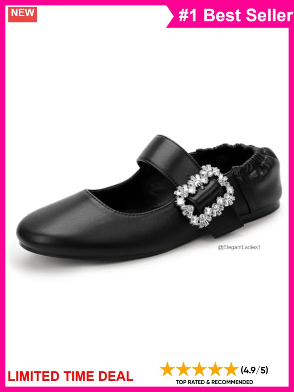 Mary Jane Ballet Flats Faux Leather Round Toe Rhinestone Buckle Slip On